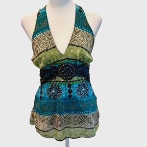 Vintage Bisou Bisou Michelle Bohbot Green Blue Halter Top Size XS
